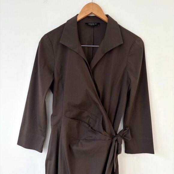 Lafayette 148 NY Brown Dolly Wrap Tie Dress Cotton Stretch Sz 8 Minimalist Chic - Picture 4 of 9